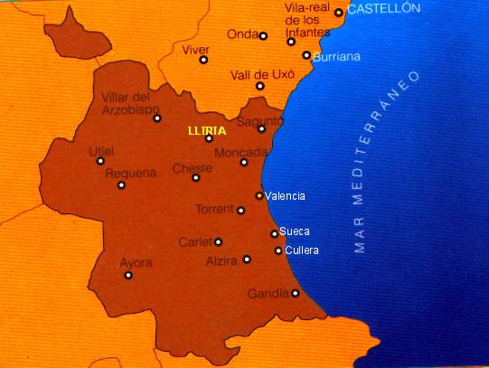 Plano de situacin de LLiria en el rea geogrfica valenciana