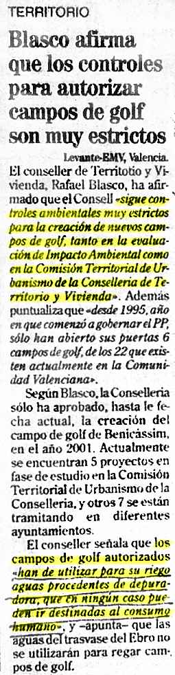 Afirmaciones de Rafael Blasco aparecidas en Levante-EMV de 12-10-2003