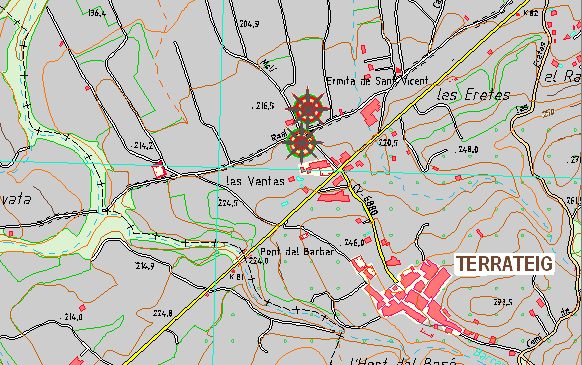 Localización en el término de Terrateig de los yacimientos arqueológicos Cno. Molino I y el Cno. Molino II (26739 bytes)