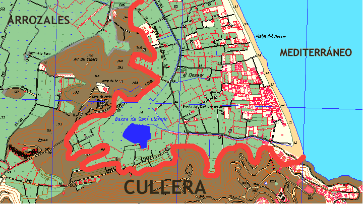 Plano del ICV donde se delimita en rojo la zona que sufrir mayor agresin debido a la alteracin del nivel fretico. En azul, la Balsa de San LLoren. En verde, toda la zona que probablemente se ver afectada (48127 bytes)