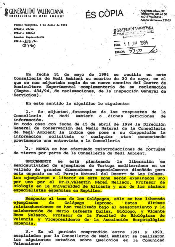 Documento oficial que evidencia las intenciones de la Consellera al respecto de las sueltas de galpagos en aguas continentales de la Comunidad Valenciana (82540 bytes)