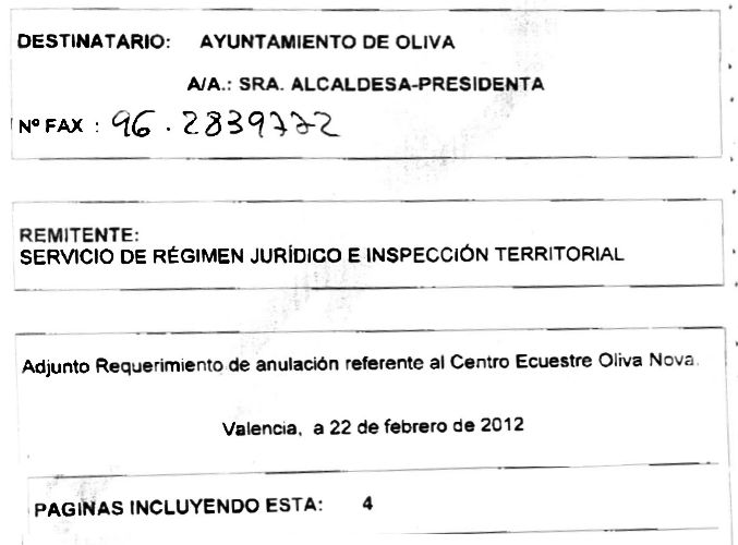 Notificación de requerimiento de Consellería al Ayuntamiento de Oliva