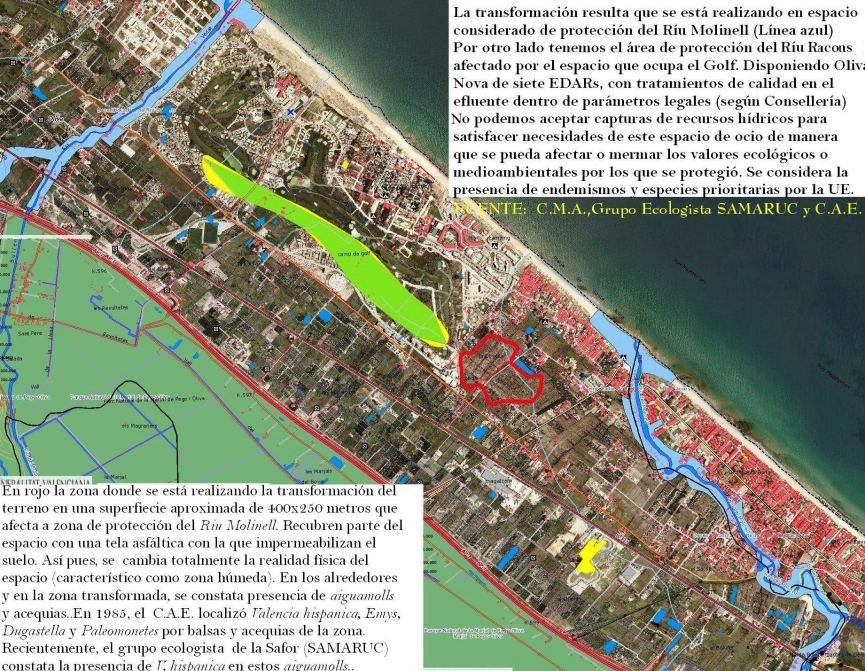 La imagen recoge el perímetro de protección del Riu Molinell y la zonificación del PORN del Parque Natural de Pego-Oliva.